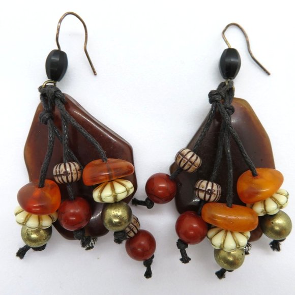 Vintage Artisan Handcrafted Pierced Earrings 2" Dangle Brown White Orange Beads - Picture 5 of 10